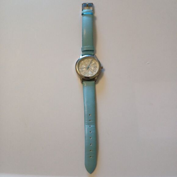 Women's Quartz Watch Floral MOP Style Dial Light Blue Band Silver Tone - Picture 1 of 16